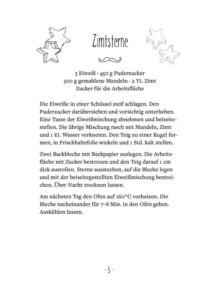 Zimtsterne Rezept mit Anleitung und Stern-Illustrationen auf Deutsch – ohne Keksfoto.