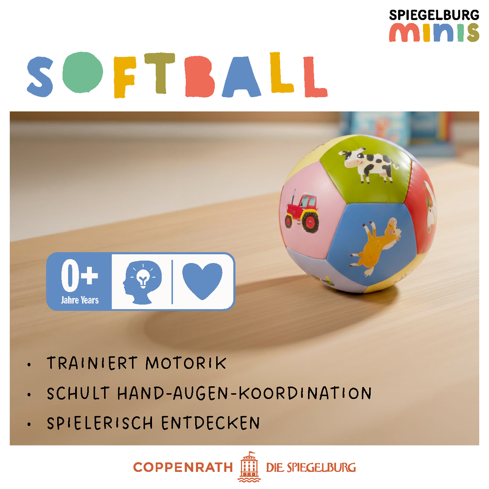 Bunter weicher Ball mit Tierabbildungen liegt auf Holzoberfläche, daneben Text.