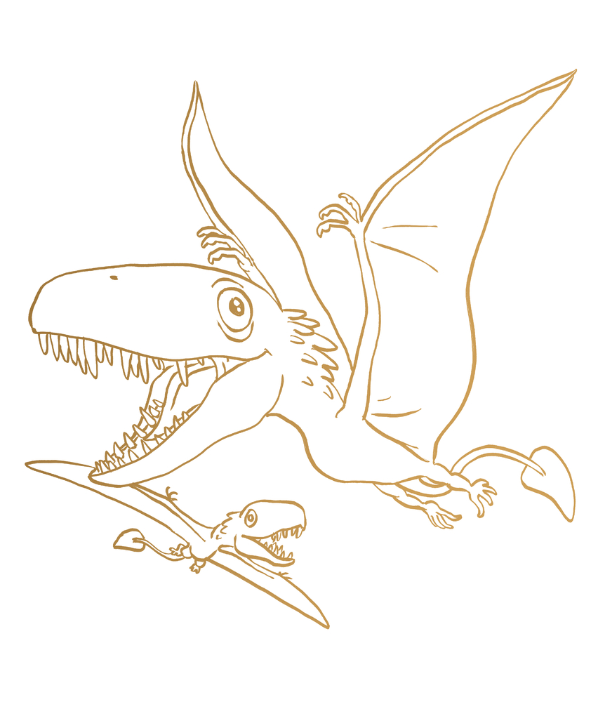 Ein großer Cartoon-Flugsaurier fliegt fröhlich mit einem kleineren, beide fliegen mit offenem Maul und ausgebreiteten Flügeln, auf einer Ausmalseite.