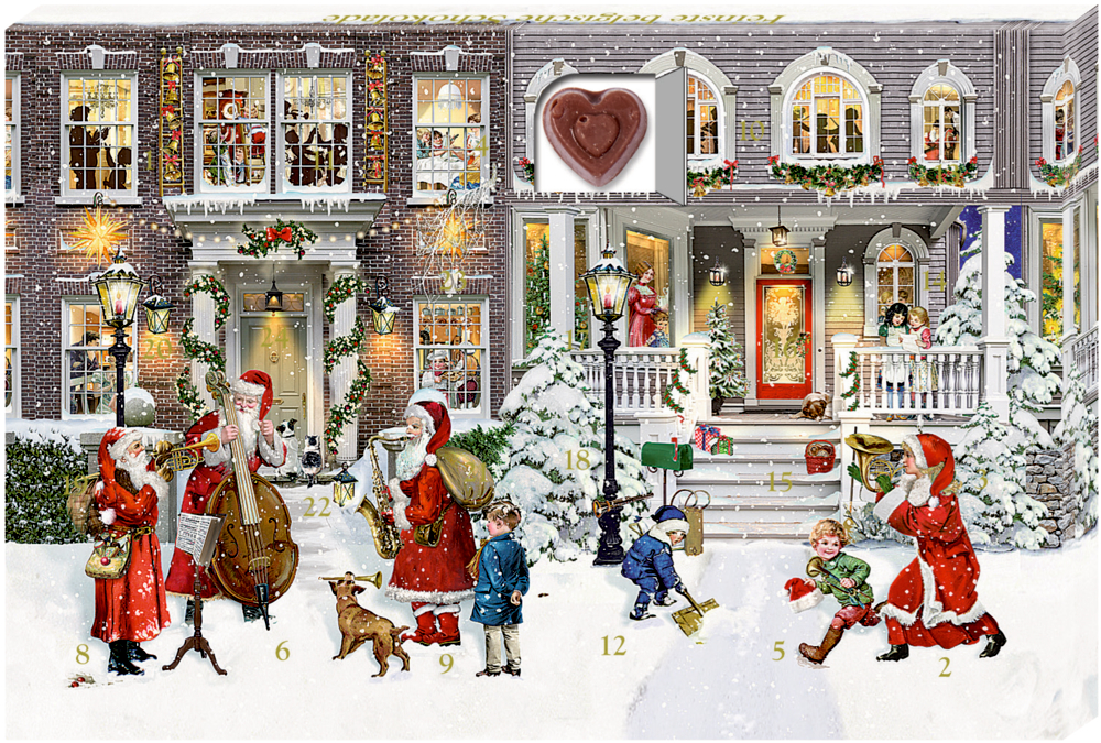 Festlicher Adventskalender: Weihnachtsmann, Kinder, Musikanten, schneebedeckte Häuser, Fenster 14 ist geöffnet.