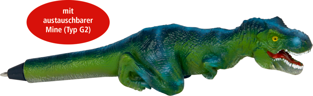 Grüner Stift in Dinosaurierform, darüber ist deutscher Text in einem roten Oval angezeigt.