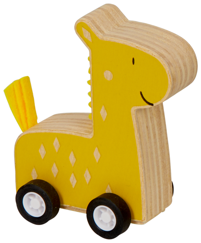 Gelbes Giraffenspielzeug aus Holz auf Rädern mit aufgemalten Gesichtszügen und einem gelben Schwanz.
