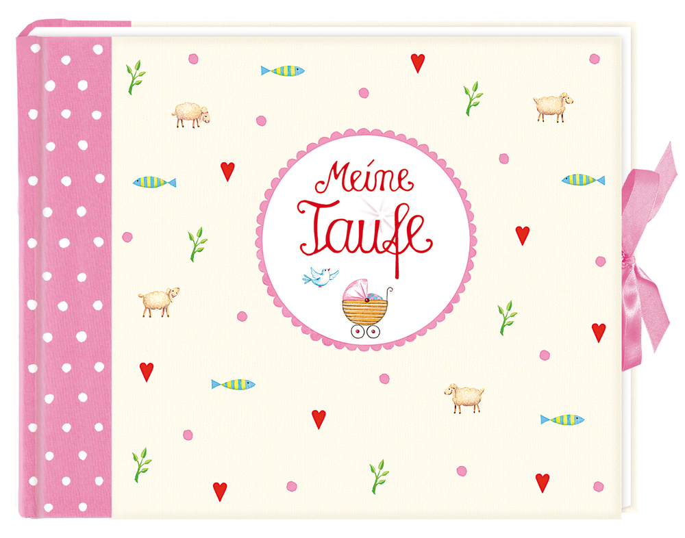 Eintragalbum - Meine Taufe, rosa Cremfarbenes Eintragalbum mit rosa Punkten, Herzen, Schafen, Fischen und dem Text „Meine Taufe“ in der Mitte.