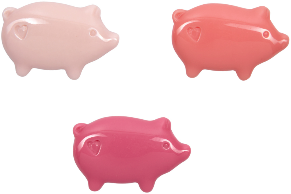 Drei kleine Schweinefiguren in Rosa-, Korallen- und Pinktönen mit eingeprägtem Herzsymbol auf der Seite.