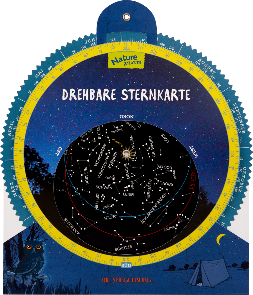 Drehbare Sternkarte - Nature Zoom Kreisförmige dunkelblaue Sternenkarte mit Sternbildern, Bäumen, einer Eule und einem Zelt unten abgebildet.