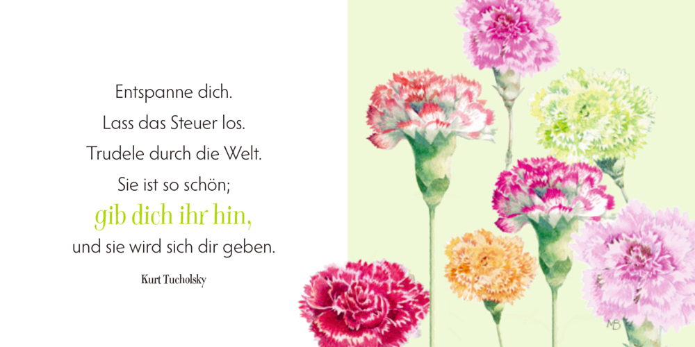 Doppelseite, mit Blumen Illustration rechts und links ein Text über Entspannung.
