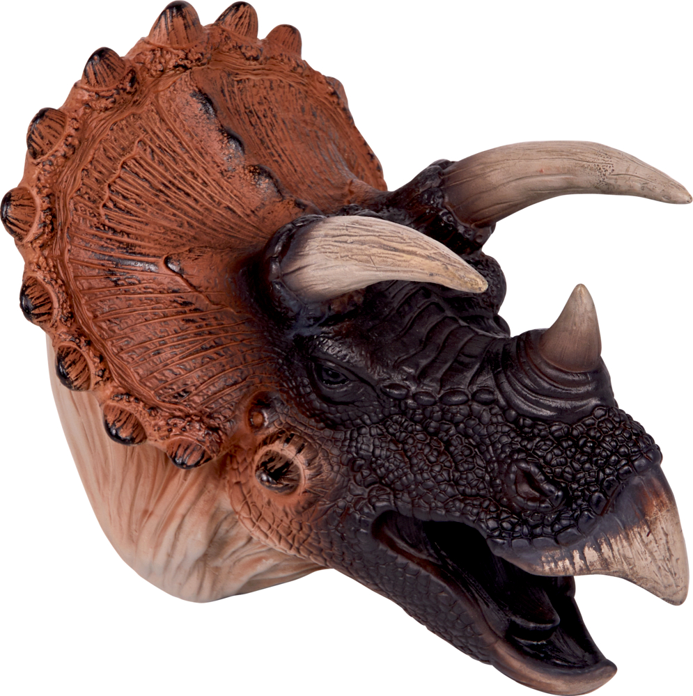 Handpuppe Triceratops - T-Rex World Braun-schwarzer Triceratopskopf, aus dem drei markante Hörner hervortreten, mit offenem Maul.