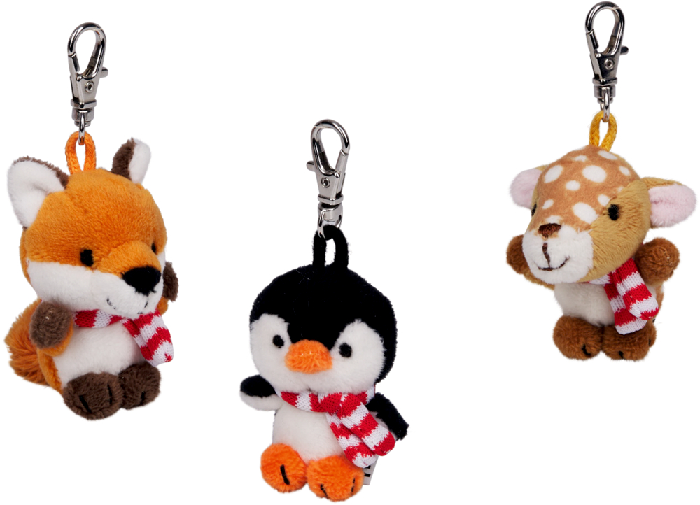 Drei Plüsch-Schlüsselanhänger in Form von Fuchs, Pinguin und Reh, jeweils mit rotem Schal und Metallkarabiner.