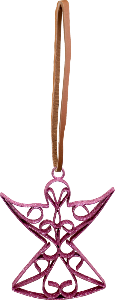 Rosa glitzernder Engel mit einer braunen Aufhängeschlaufe.