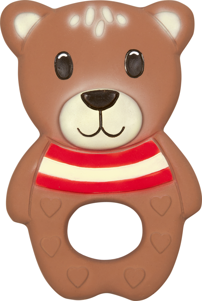 Brauner Beißring in Bärenform mit rot-weiß gestreiftem Schal und Herzdetails an den Beinen.