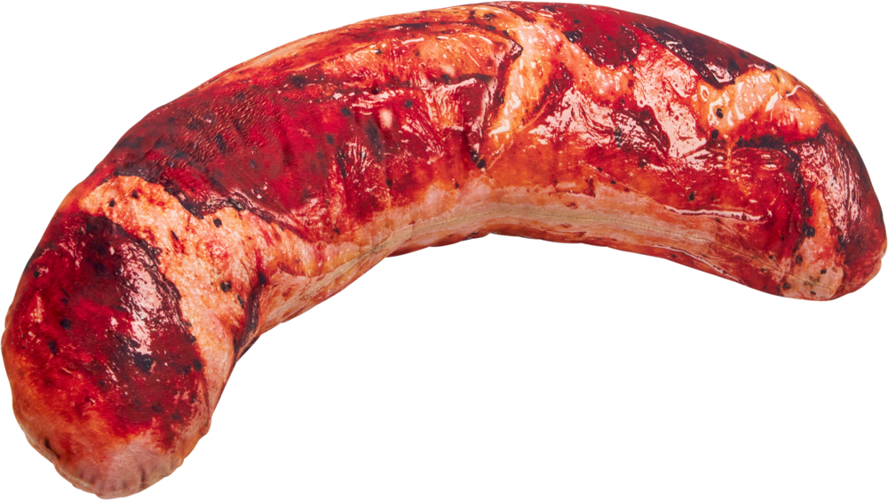 Gegrillte Wurst mit Grillstreifen auf weißem Hintergrund.