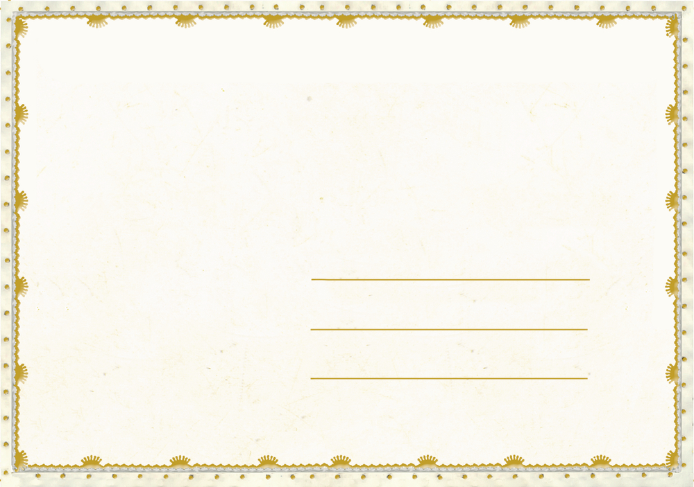 Rückseite des Mini-Adventskalenders in Postkartenformat mit verziertem Goldrand, drei horizontalen Linien und cremefarbenem Hintergrund.