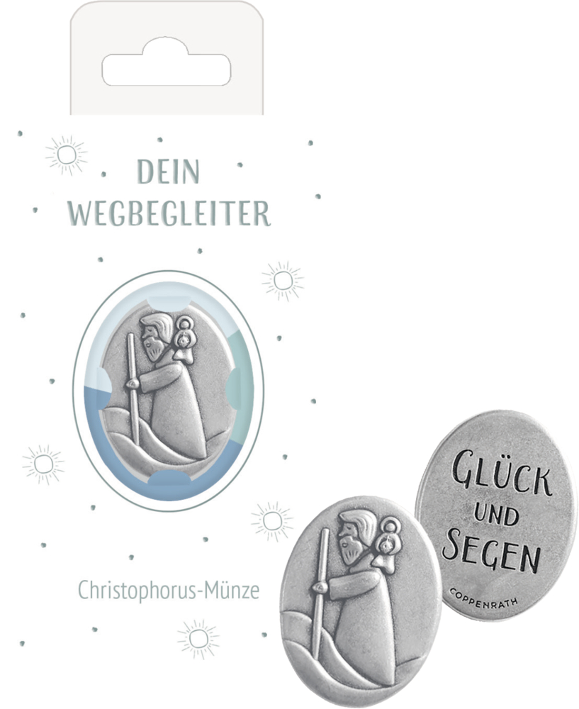 Christophorus-Münze - Glück und Segen Ovale Christophorusmünze mit „Glück und Segen“; Auf der Karte steht: „Dein Wegbegleiter.