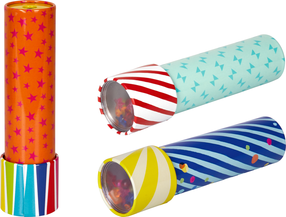 Kaleidoskop Bunte Geschenke Drei farbenfrohe Spielzeugkaleidoskope mit Stern- und Streifenmustern in Orange, Blau und Hellblau.