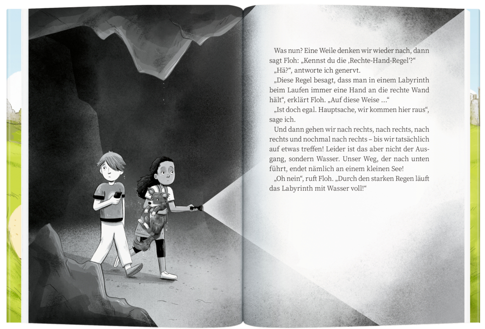 Zwei Kinder gehen in ein dunkles Labyrinth. Sie halten Taschenlampen und sehen besorgt aus.