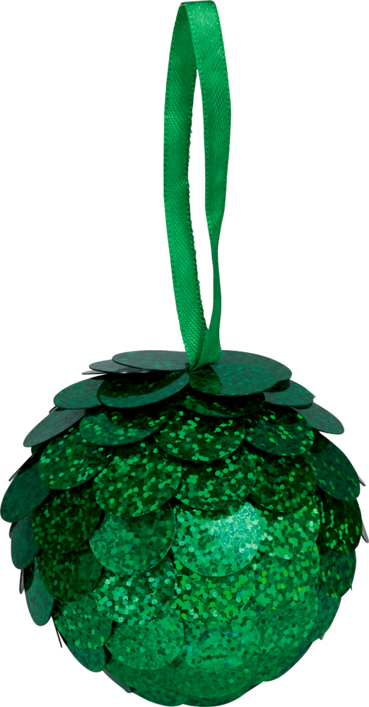 Grüne Kugel mit überlappenden, glitzernden Pailletten und grünem Stoffband zum Aufhängen.