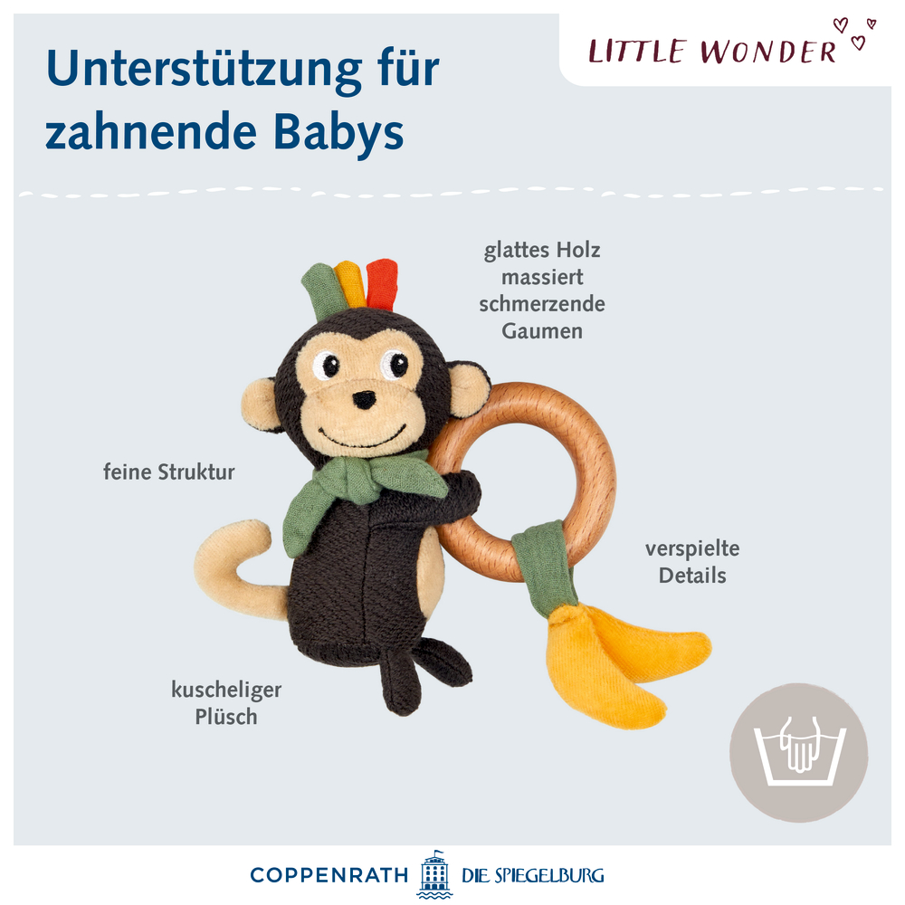 Plüsch-Affen-Beißring mit Holzgriff und weicher Banane, ideal zur Unterstützung zahnender Babys.