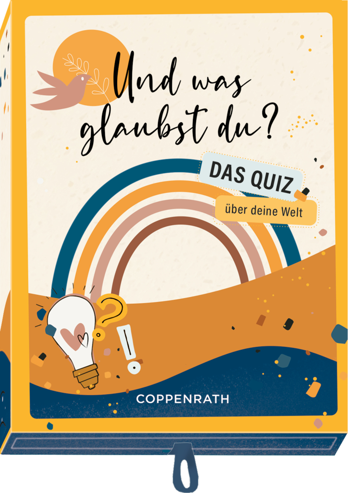 Schachtelspiel: Und was glaubst du? Bunte Quizspielbox mit  Titel „Und was glaubst du? Das Quiz über deine Welt“ und einer Glühbirnenillustration.