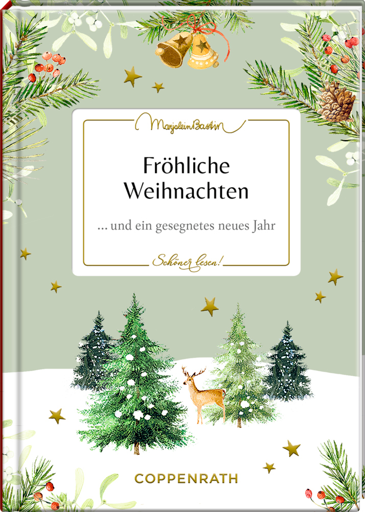 Buchcover mit Bäumen, Zapfen, Hirsch und Text: Frohe Weihnachten und ein gesegnetes neues Jahr.
