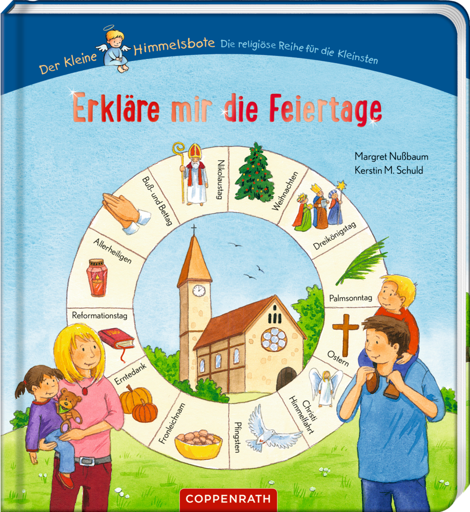 Kinder und Erwachsene stehen vor einer Kirche. Mittig zeigt ein Kreis die christliche Feiertage an.