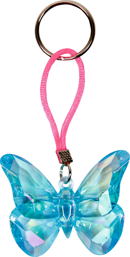 Diamant-Schlüsselanhänger Prinzessin Lillifee Blauer facettierter Schmetterlings-Schlüsselanhänger mit rosa Riemen und silbernem Schlüsselring.
