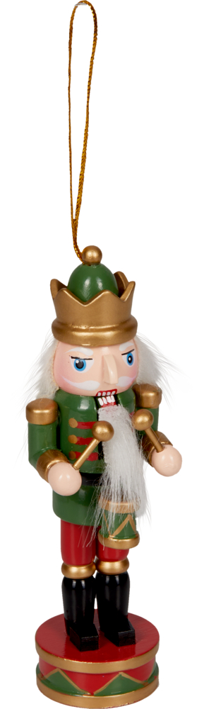 Nussknacker-Ornament aus Holz mit goldener Krone, grüner Uniform, langem weißen Bart, an einer goldenen Schnur hängend.