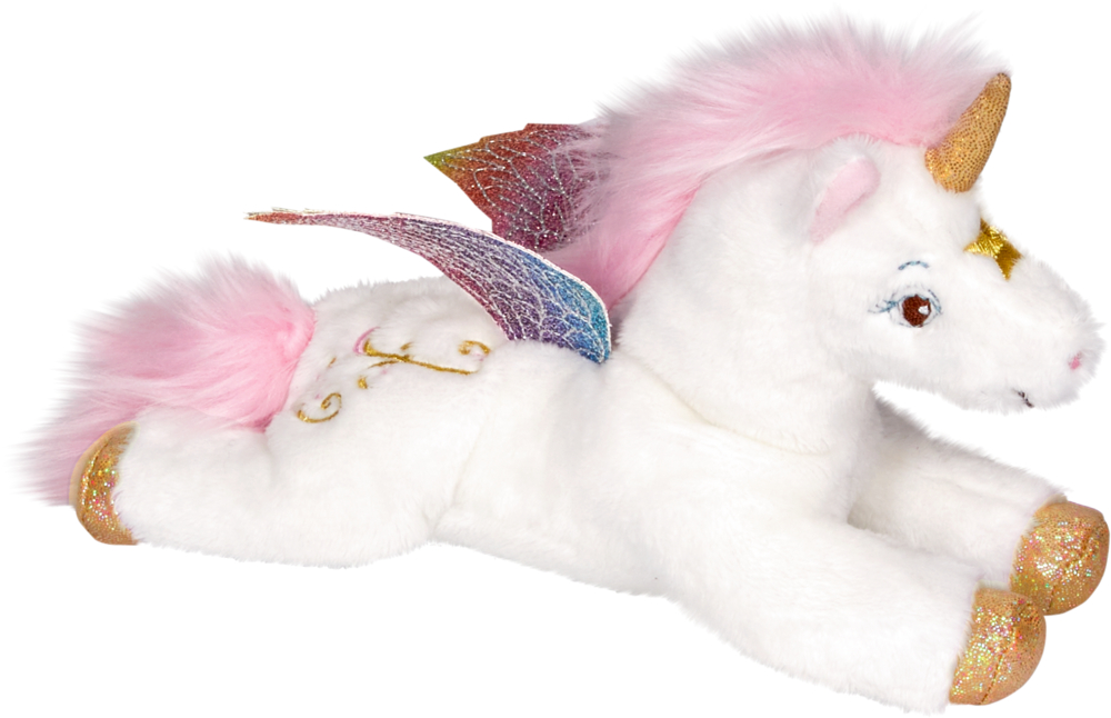 Kuschel-Einhorn Cosy - Einhorn-Paradies Plüschiges weißes Einhornspielzeug mit rosa Mähne, Regenbogenflügeln und goldenem Horn, liegend.