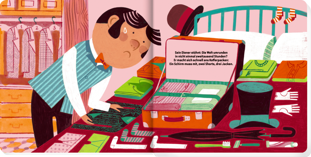 Auf einer Doppelseite mit Text, packt ein Mann in einem aufgeräumten Schlafzimmer mit grünem Bett und Kleiderschrank Kleidung in einen Koffer.