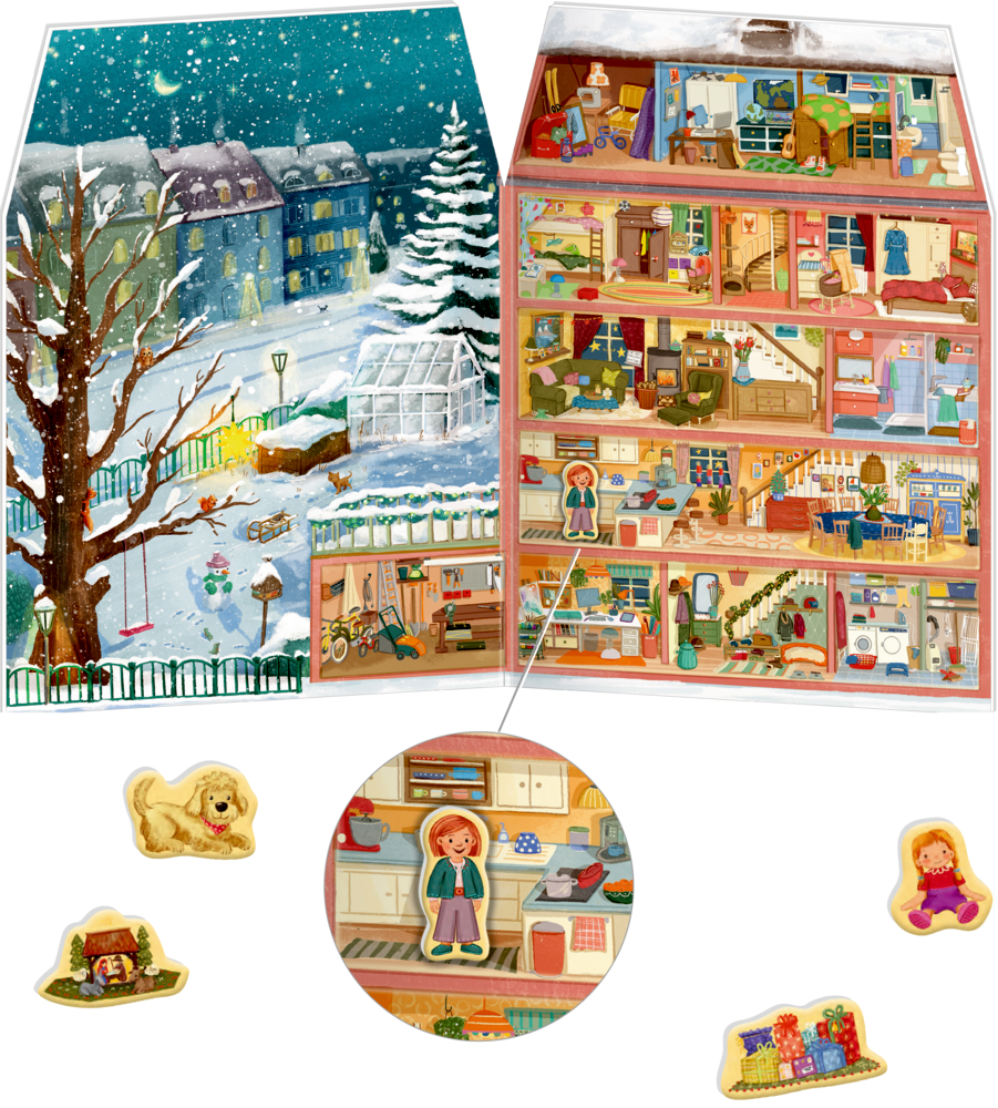 Bunter Adventskalender in Hausform mit Winterlandschaft, Puppenhaus-Innenansicht und kleinen Magnetfiguren wie Mensch, Hund und Geschenken.