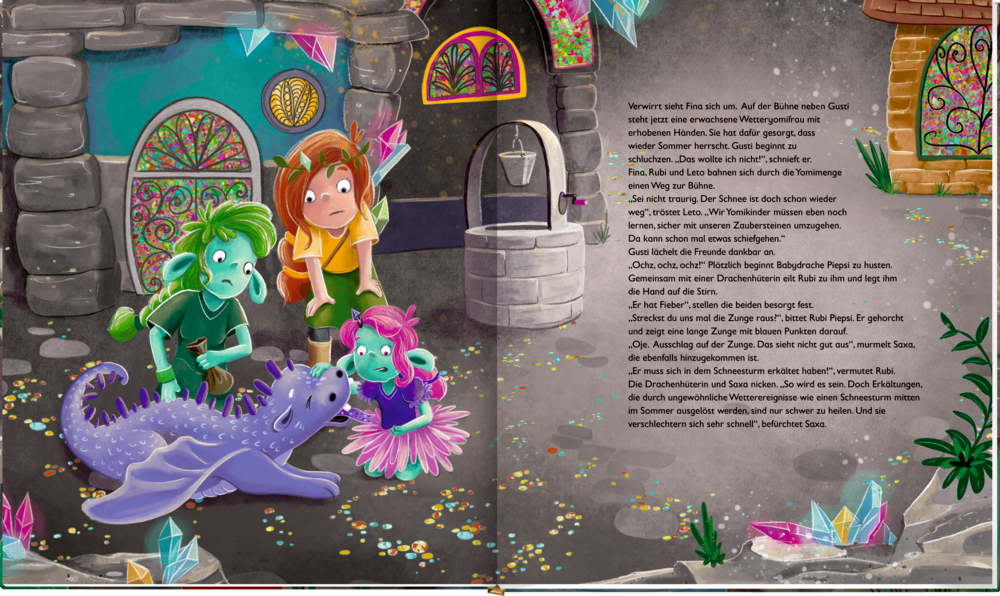 Offenes Buch mit Text, in dem drei Kinder und ein kleiner lila Drache besorgt an einem Brunnen in einem bunt-kristallenen Raum stehen.