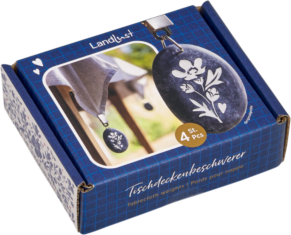 Blaue Box mit Bild eines Blumengewichts, das an einer Tischdecke befestigt ist.