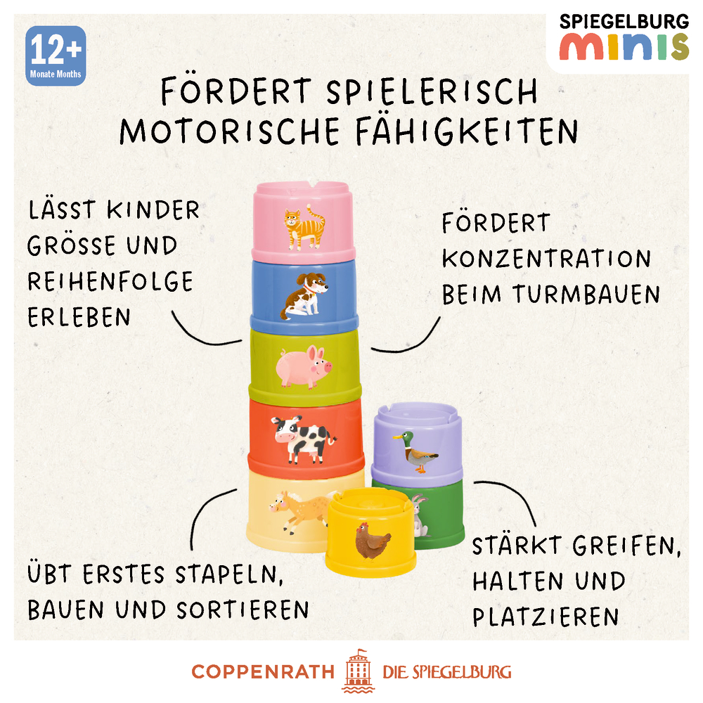 Bunte Stapelbecher mit Tiermotiven stehen nebeneinander auf weißem Hintergrund.