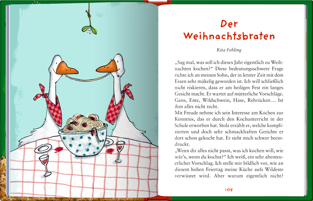 Zwei Gänse teilen sich Spaghetti an einem Tisch mit passendem Geschirr.