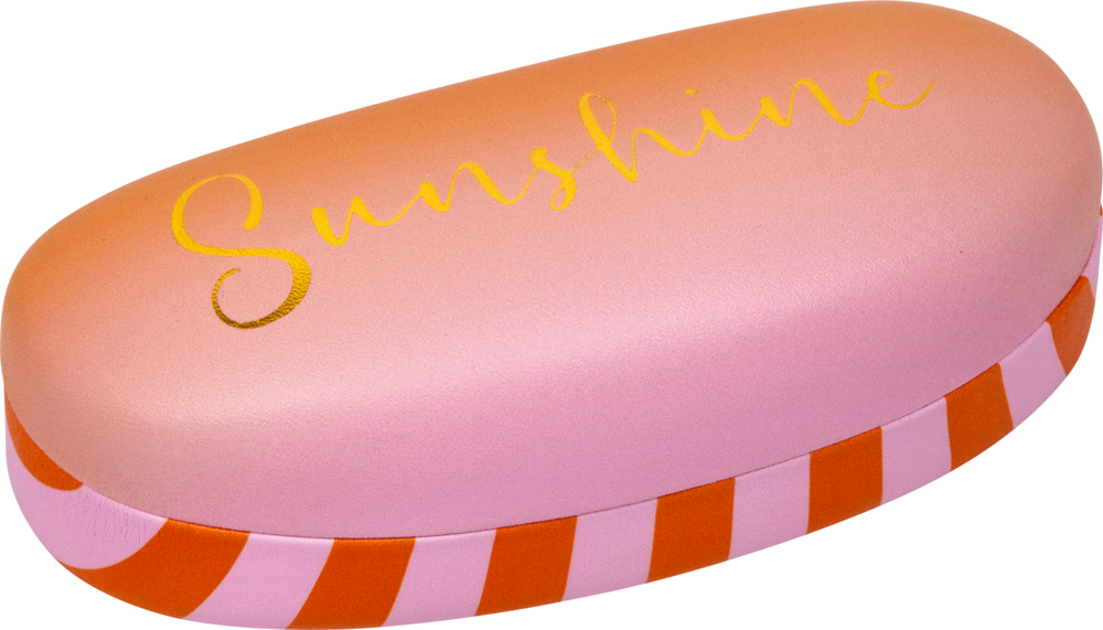 Brillenetui mit Putztuch "Sunshine" - I love my Paradise Rosa-orangefarbenes Brillenetui mit „Sunshine“ in goldener Schreibschrift oben und gestreiften Seiten.