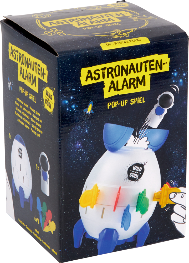 Astronauten-Alarm Pop-up-Spiel - Wild+Cool Spielbox: Astronauten-Alarm mit einer Cartoon-Rakete, bunten Stiften und Sternenhintergrund.