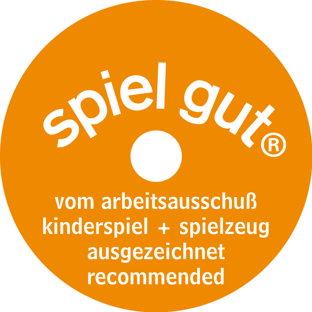 Das orangefarbene Spiel Gut-Logo mit deutschem und englischem Text empfiehlt hochwertiges Spielzeug und Spiele.