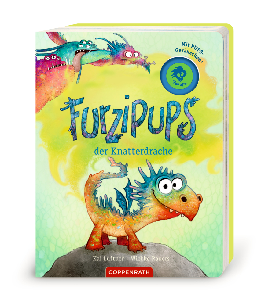 Furzipups, der Knatterdrache (Pappbilderbuch) Farbenfrohes Kinderbuchcover mit buntem Drachen und dem Titel „Furzipups der Knatterdrache“.