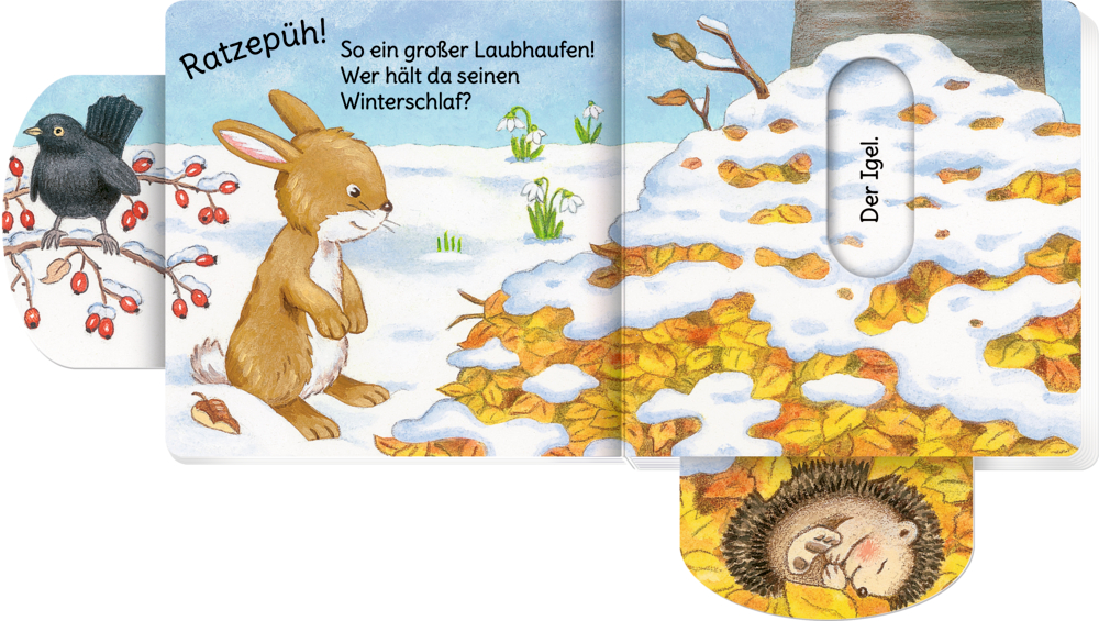 Ein Kaninchen betrachtet die Herbstblätter und versteckt einen Igel, während eine Amsel auf einem Ast darüber sitzt, auf einer Doppelseite mit Text.