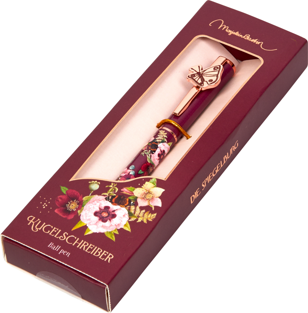 Kugelschreiber Blütenzauber - M. Bastin Dunkelroter Kugelschreiber in floraler Geschenkbox mit goldenem Schmetterlings-Clip