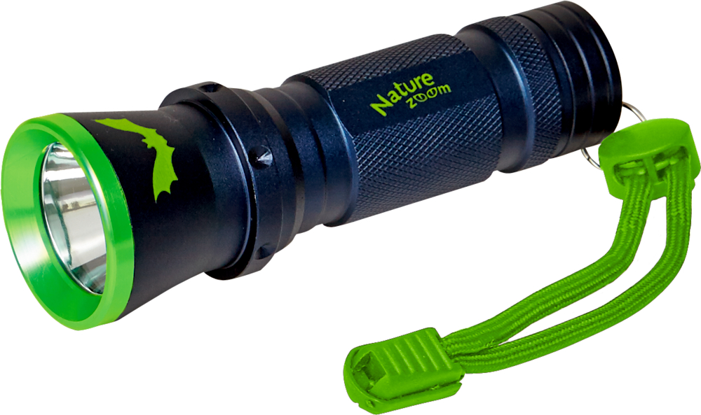 Schwarz-grüne Taschenlampe mit Fledermauslogo und einer grünen Handschlaufe am Ende.