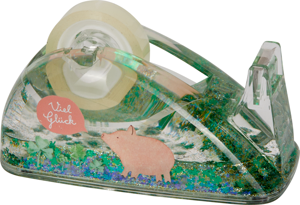 Klebebandabroller - Viel Glück Transparenter Klebebandspender mit einem rosa Schwein, Kleeblättern und dem Text „Viel Glück“ an der Seite.
