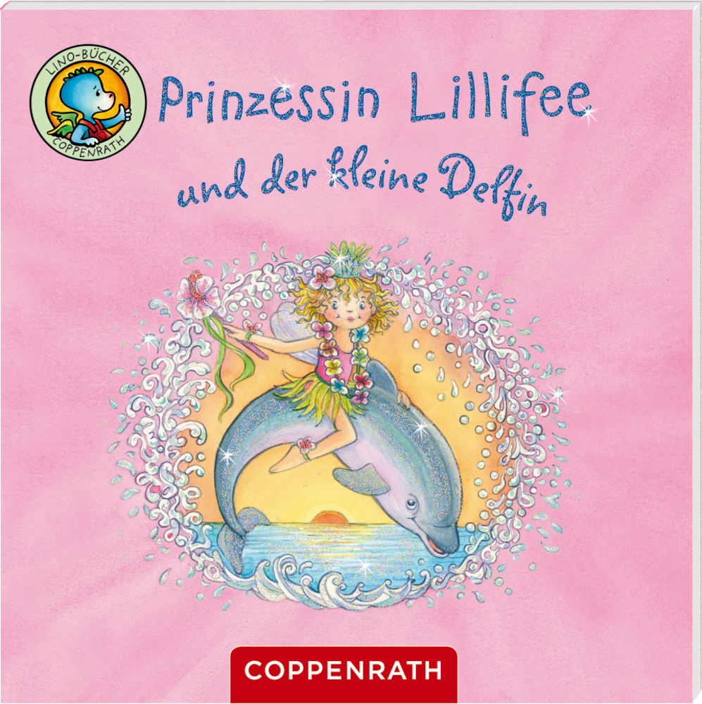 Rosafarbenes Buchcover mit einer Prinzessin, die auf einem Delphin auf Wellen zwischen Blumen reitet.