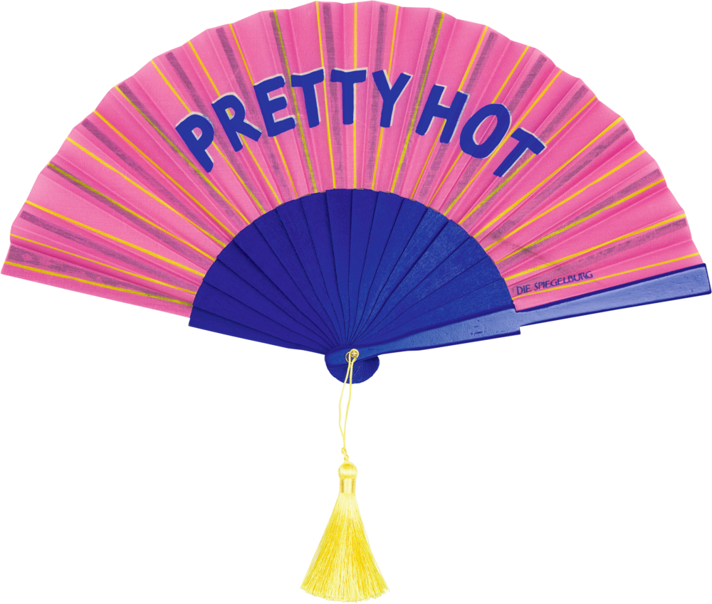 Rosa und blaue Faltfächer mit Schriftzug PRETTY HOT und gelber Quaste unten.