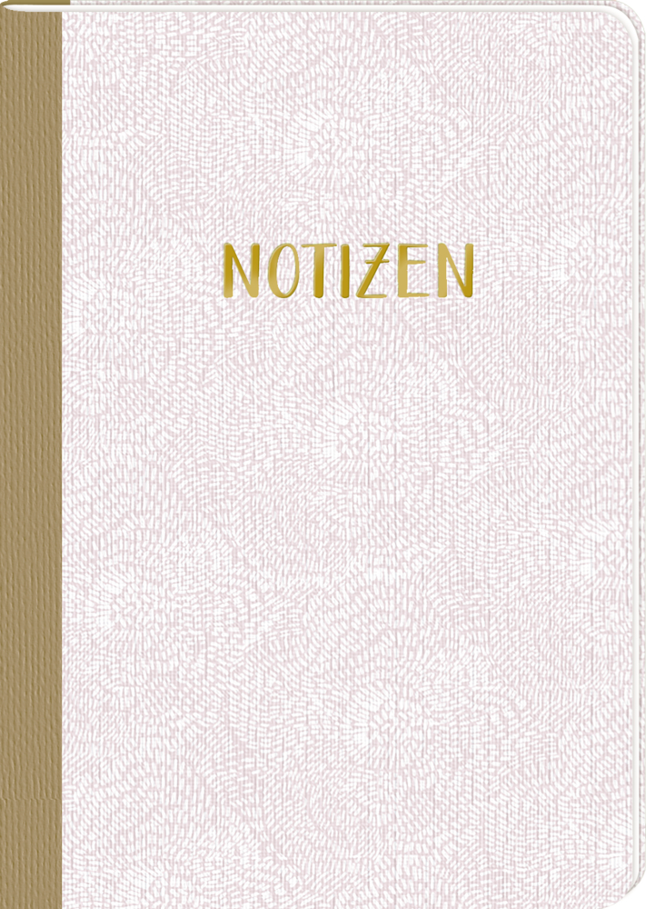 Notizheft DIN A5 - All about rosé Notizbuch mit beigefarbenem Rücken und Titel „NOTIZEN“ in Gold auf einem strukturierten rosa Einband.