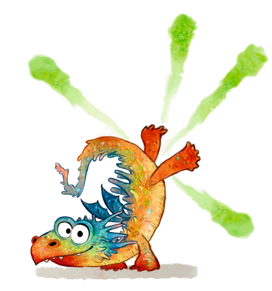 Ein Zeichentrickdrache macht einen Kopfstand und pupst grüne Gaswolken in die Luft.
