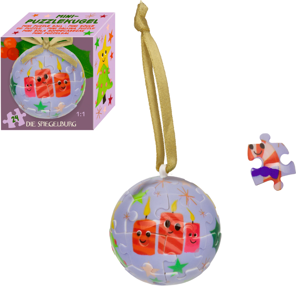 Runde lila Puzzle-Kugel mit lachenden roten Kerzen und Sternen, goldfarbenes Band zum Aufhängen, daneben Verpackung und ein einzelnes Puzzleteil.