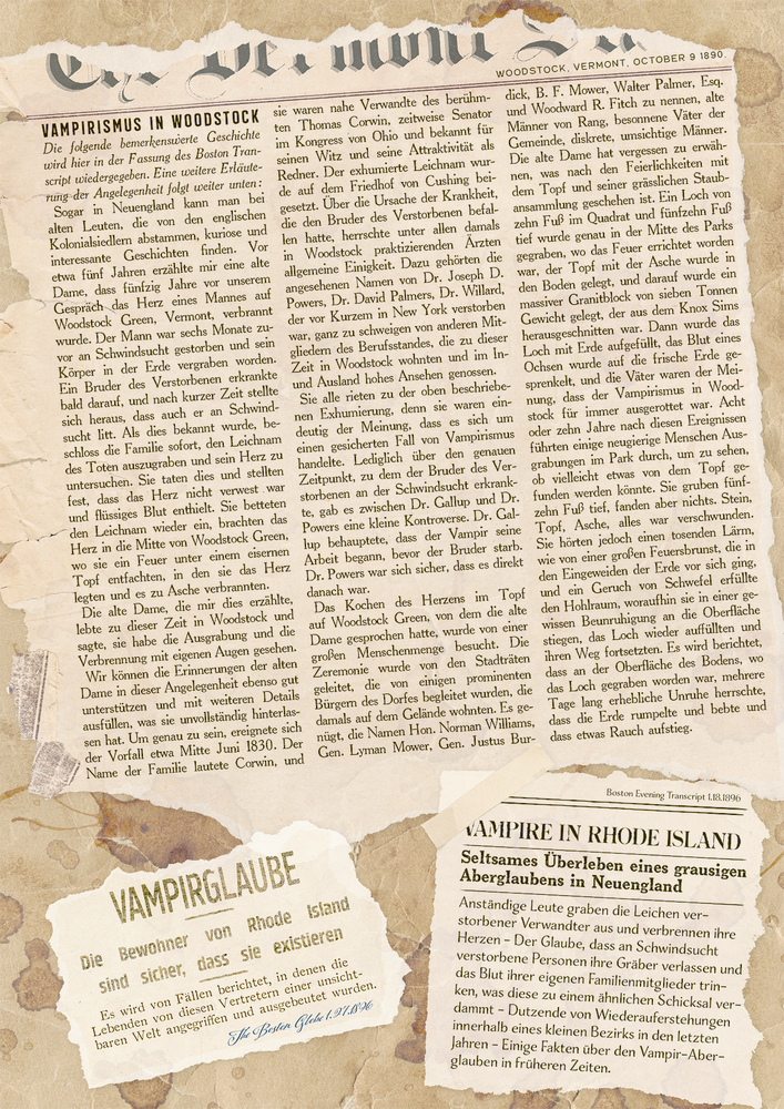 Alte Zeitungsseite, als Beilage, mit englischen und deutschen Artikeln über Vampire und Vampirglauben in Neuengland.
