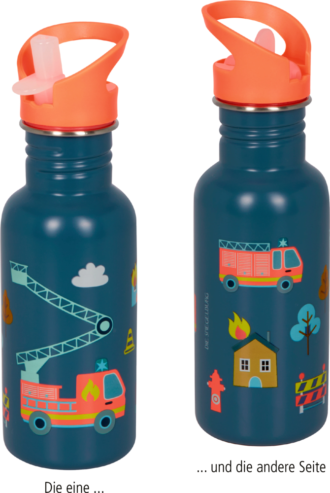 Zwei blaue Trinkflaschen mit orangefarbenen Deckeln, verziert mit Grafiken zum Thema Feuerwehrauto und Feuerwehr.