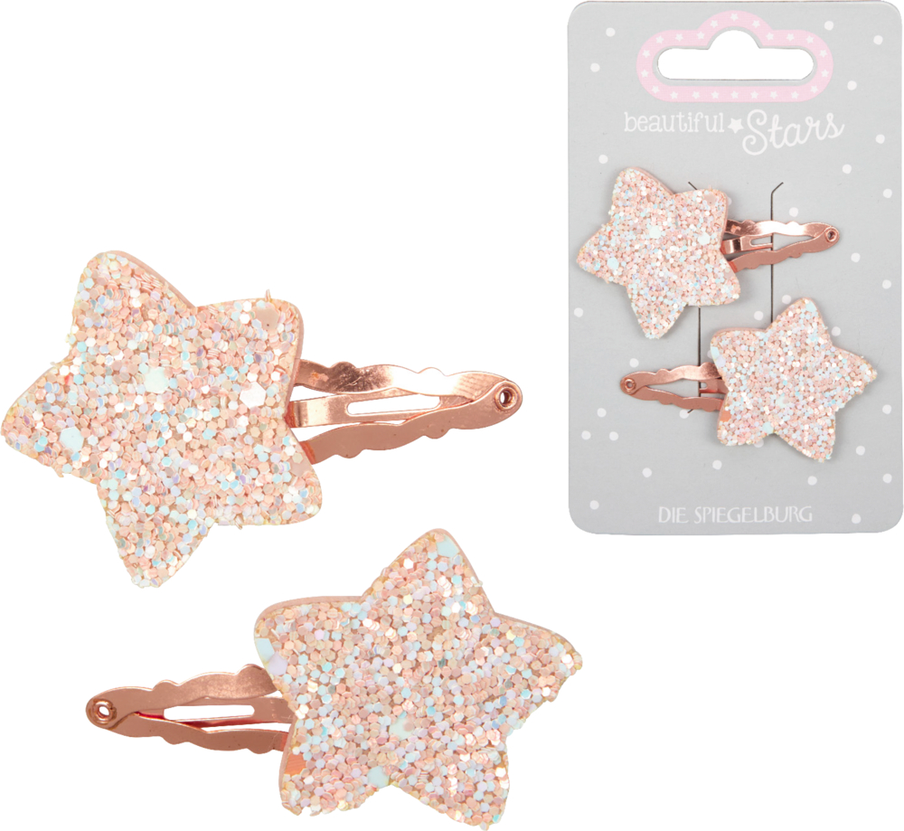 Zwei Haarspangen mit Glitzersternen in Roségold, lose und auf einer Displaykarte abgebildet.