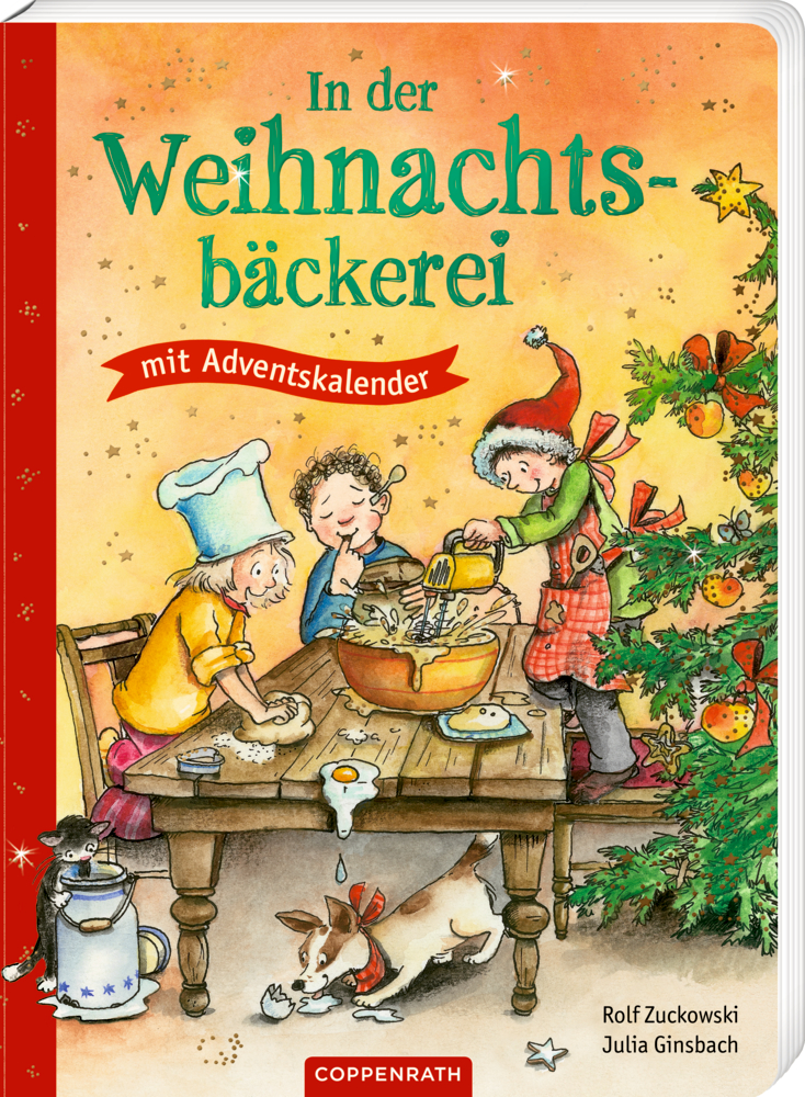Weihnachtliches Buchcover mit drei backenden Kindern am geschmückten Baum, während Hund und Katze in der Nähe spielen.